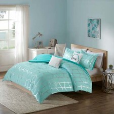 NEW COZY AQUA BLUE SILVER WHITE METALLIC SPARKLE GLITTER STRIPE COMFORTER SET