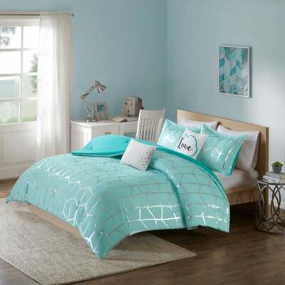 NEW! AQUA BLUE SILVER WHITE METALLIC SPARKLE GLITTER STRIPE SOFT  COMFORTER SET