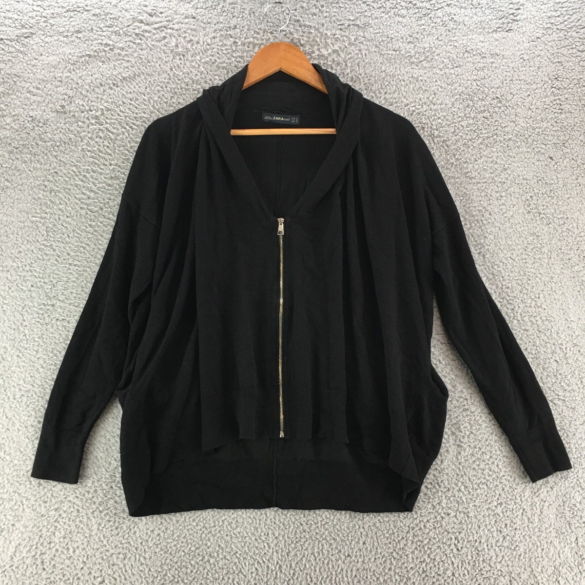 Zara Knit Full Zip Cardigan Sweater Womens Medium Black Long