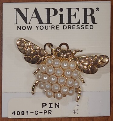 Napier Gold Tone Faux Pearl Honey Bee Brooch Pin Bee Keeper