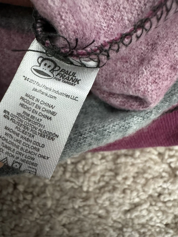 Bata vintage para mujer Paul Frank, ciruela/gris a rayas con ciervo y corazón talla L/XL Foto 4 de 4