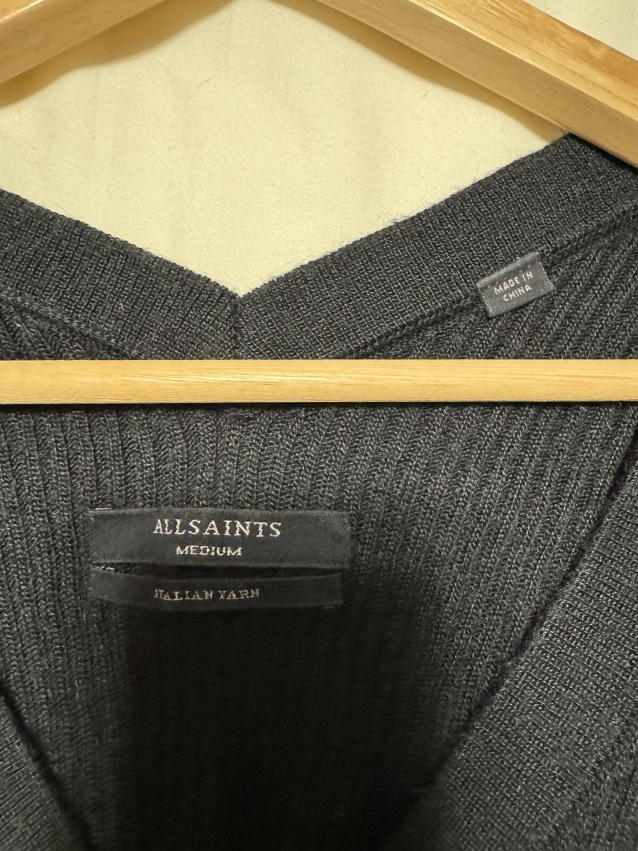AllSaints Keld Olivo V Neck Ribbed Sweater Italian Yarn, Size M, Oversized, Blac View 6