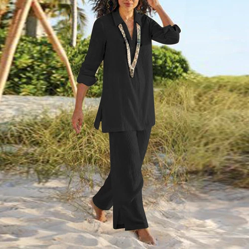Women's Cotton Linen Suit Shirt Pants Set Long Sleeve Casual Loose Sets Summer - Picture 11 of 17
