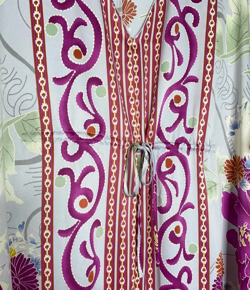 NATORI Floral Print Charmeuse Tie Waist V-Neck Caftan Maxi Dress Night-Gown L - Image 4 of 4