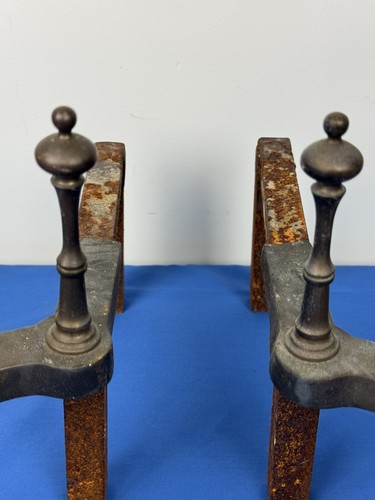 Antique Brass Andirons, Fluted Column & Cabriole Legs 23.25"H Cooking Spit Hook - Picture 11 of 20