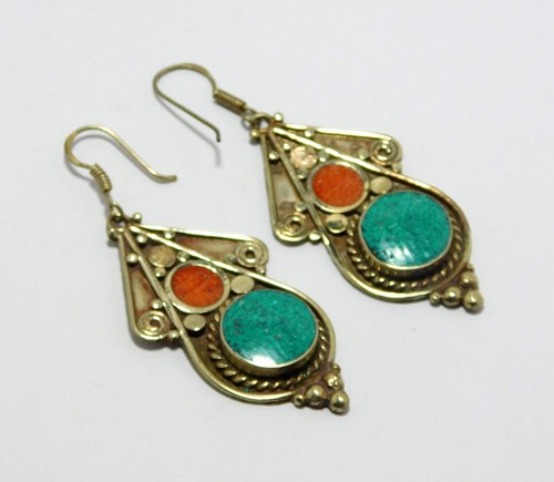 Tibetan Earrings Turquoise/Coral Stone 925 Silver Plated Nepali Handmade Jewelry - Picture 2 of 3