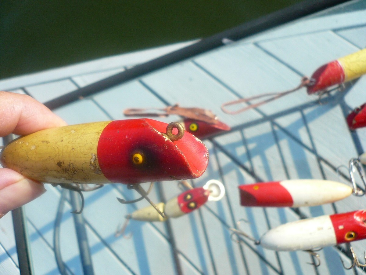 Leurre de pêche vintage en bois South Bend - Yeux en verre blanc et rouge