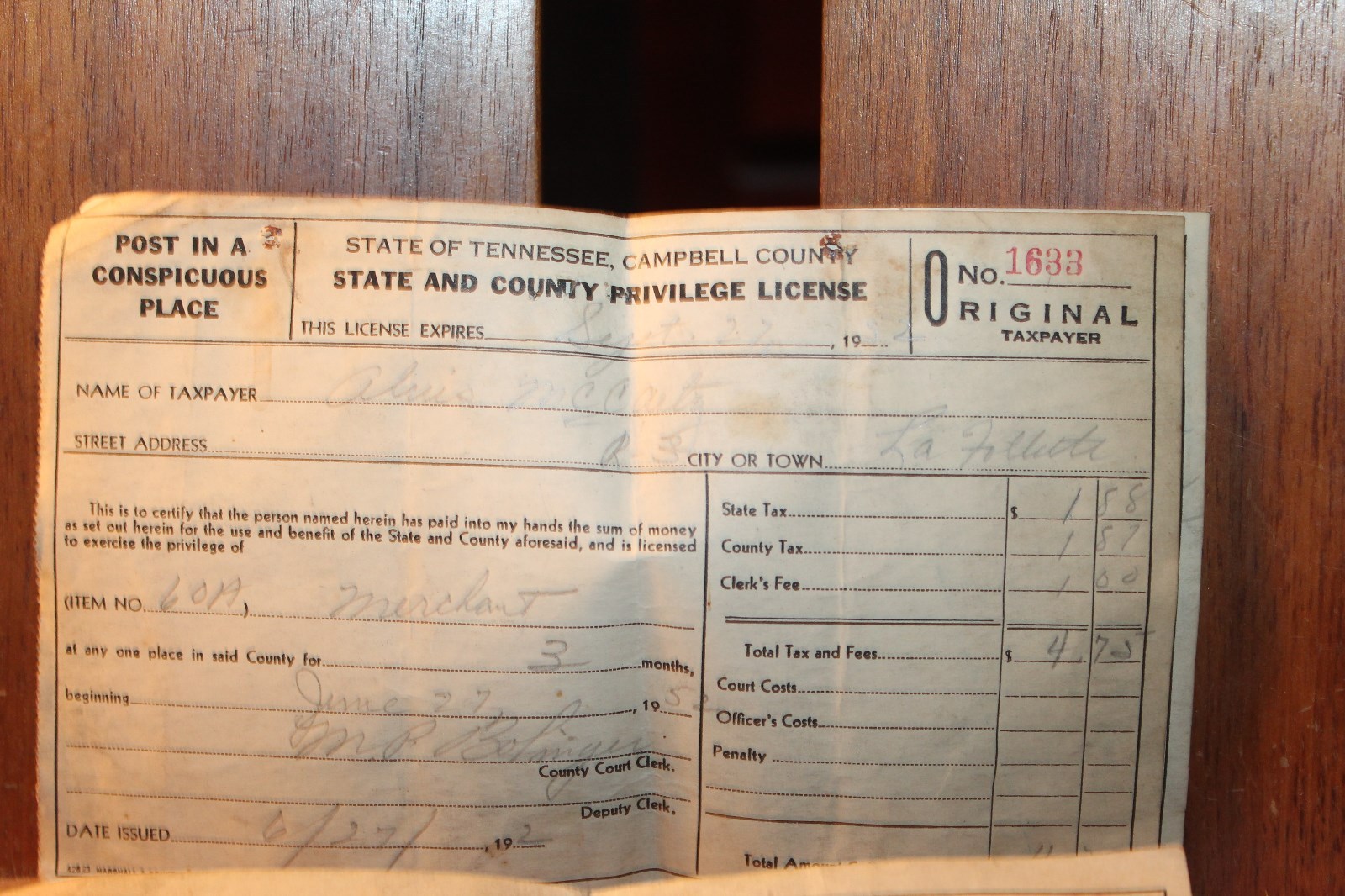 Vintage 195253 Campbell County Tennessee Property Tax Receipt Lot Privelage eBay