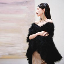 Winter Womens Feather Shawl Fur Tassel Cloak Dress Cloak Black Fur Party Jacket