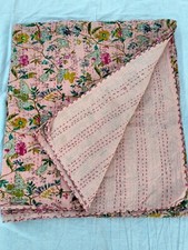 Indian Hand Block Floral Kantha Quilt,Blanket Cotton King Size Bedspread Throw
