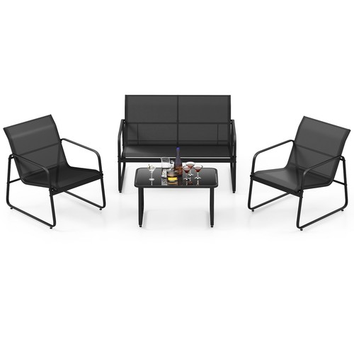 Patio 4 Pieces Furniture Set Outdoor Tempered Glass Coffee Table Chair