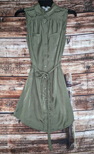 Dress Satin Green American Eagle Sleeveless Shirt Belt Pockets Button A-Line XS