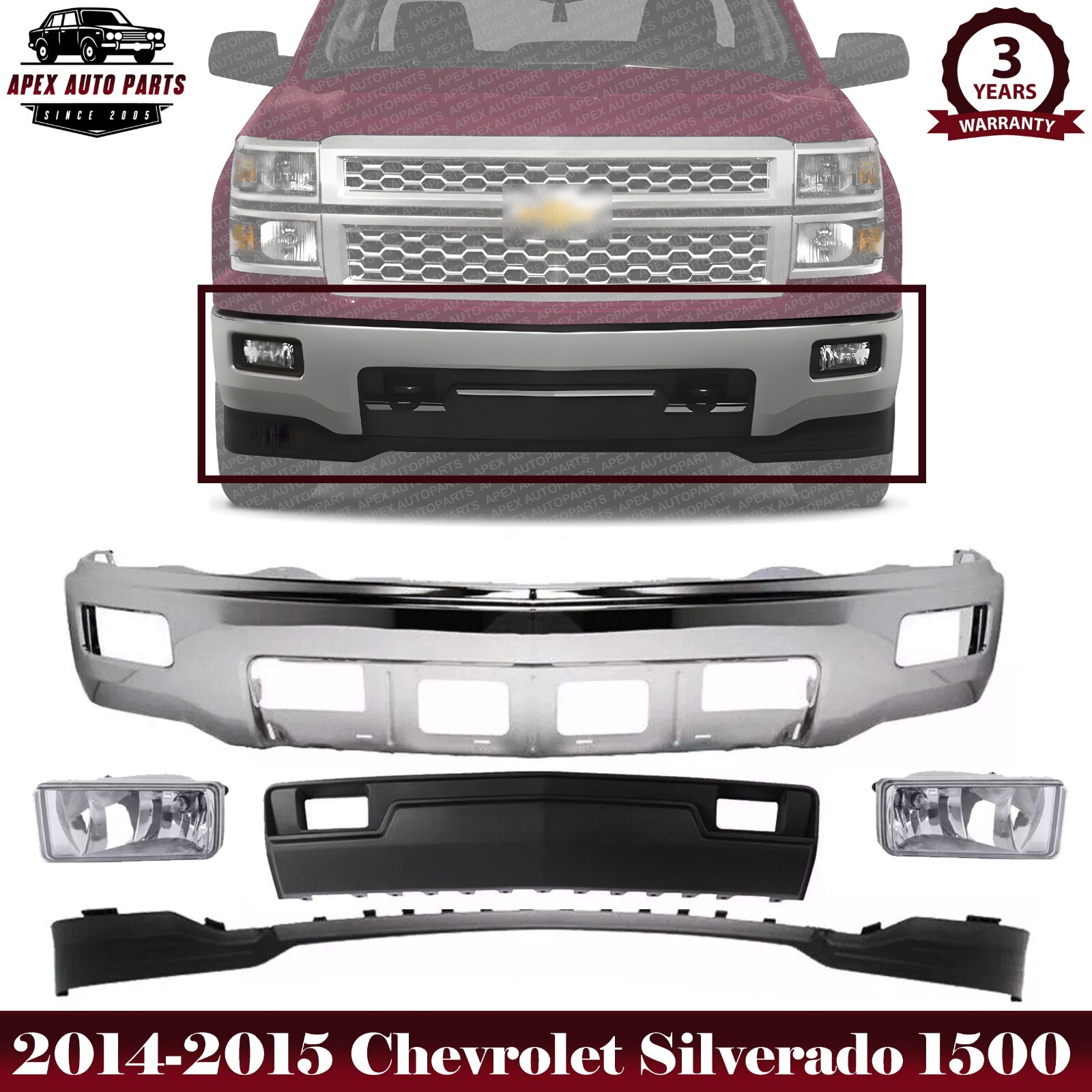 Front Bumper Chrome & Fog Lights Kit For 2014-2015 Chevrolet Silverado 1500