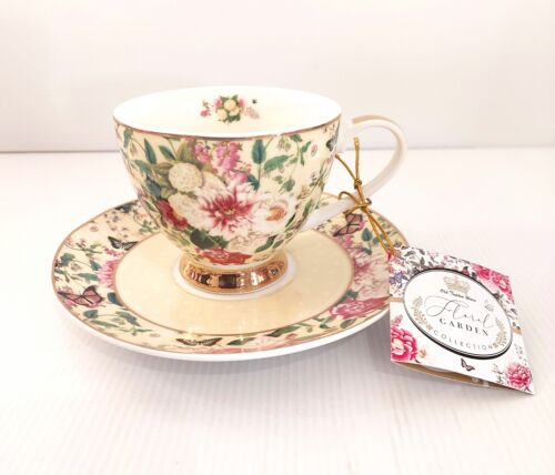 Birthday Gift Lady/Female/Mother/ Bone China Teacup Saucer Set Cream Gold Floral