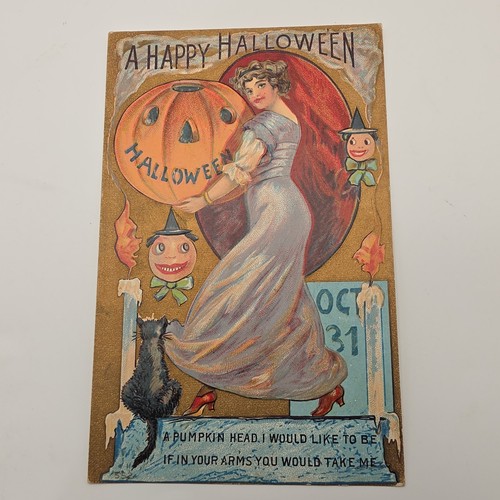 Vintage Victorian Woman, Black Cat, Pumpkin, JOL, Romantic Halloween Postcard