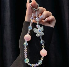 Sparkling Rhinestone Jeweled Butterfly Crystal Pink Beaded Phone Bag Charm Strap