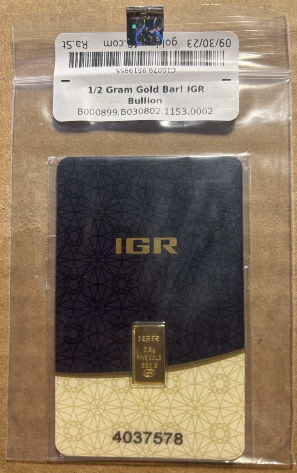 1/2 GRAM GOLD BAR/ASSAY IGR 999.9 QUANTITY EXCELLENT SMOKE FREE HOME FREE SHPPNG