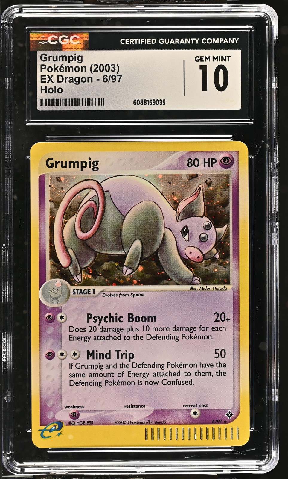 CGC 10 GEM MINT Grumpig 2003 EX Dragon 6/97 Holo Pokemon Card