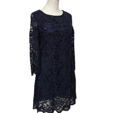 Marina Dress Womens 8 Navy Blue Lace Sequin Shift 3/4 Sleeve Party Cocktail