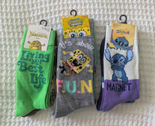 Shrek SpongeBob Disney Stitch 3 Pair Crew Socks Unisex Kids Size 10-13