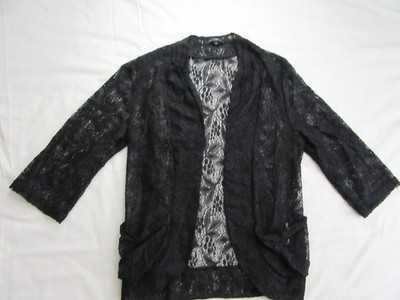 QED - Size M - Black Lace Cotton Blend 3/4 Sleeve Open Cardigan With Pockets