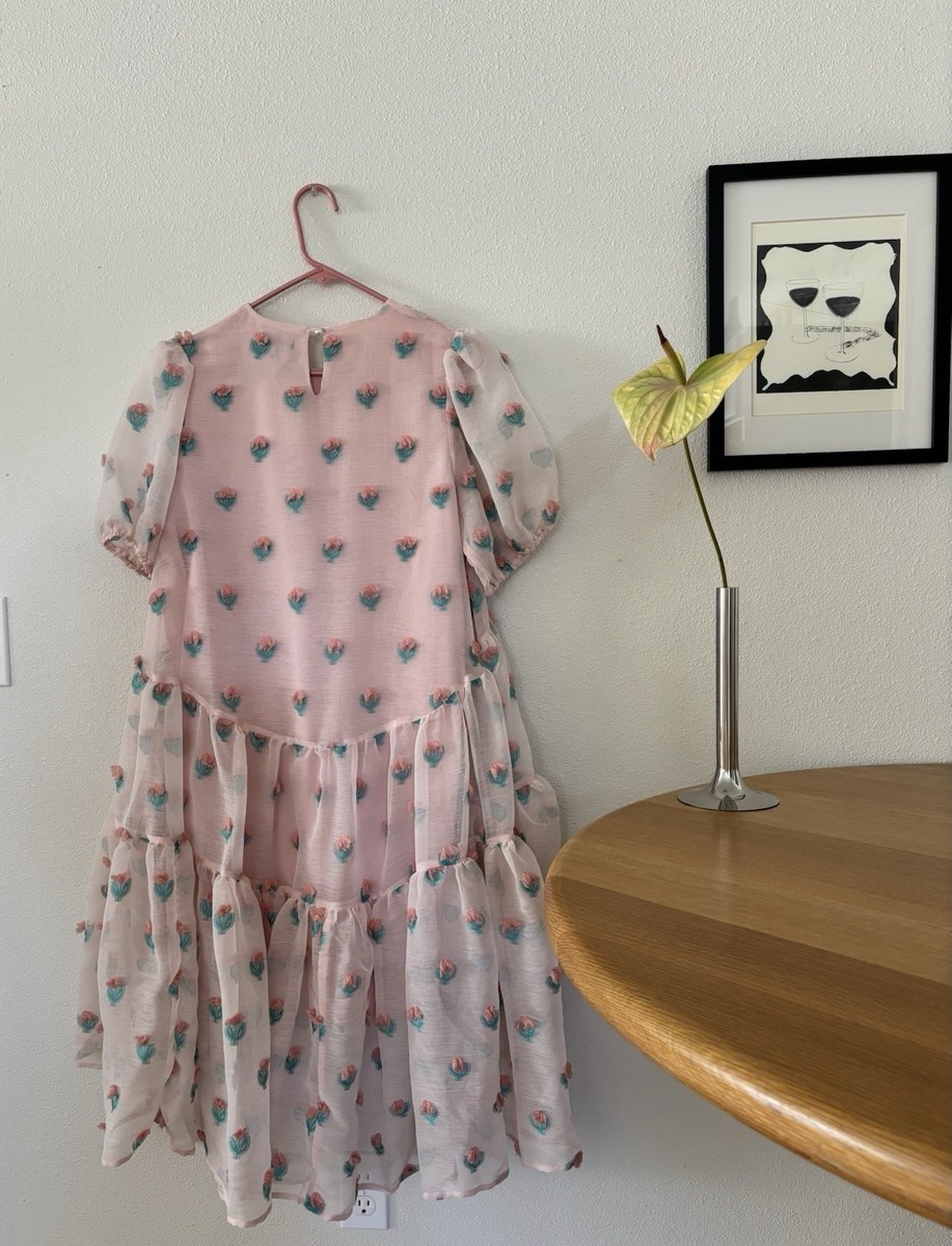 sister jane pink floral dress Sister Jane Pink Petalled Mini Wrap Dress puff sleeves sheer floral pastel S
