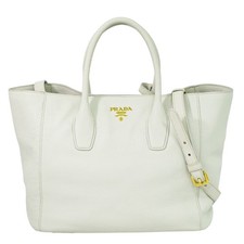 PRADA Leather 2way Shoulder Tote Handbag Off-White Gold