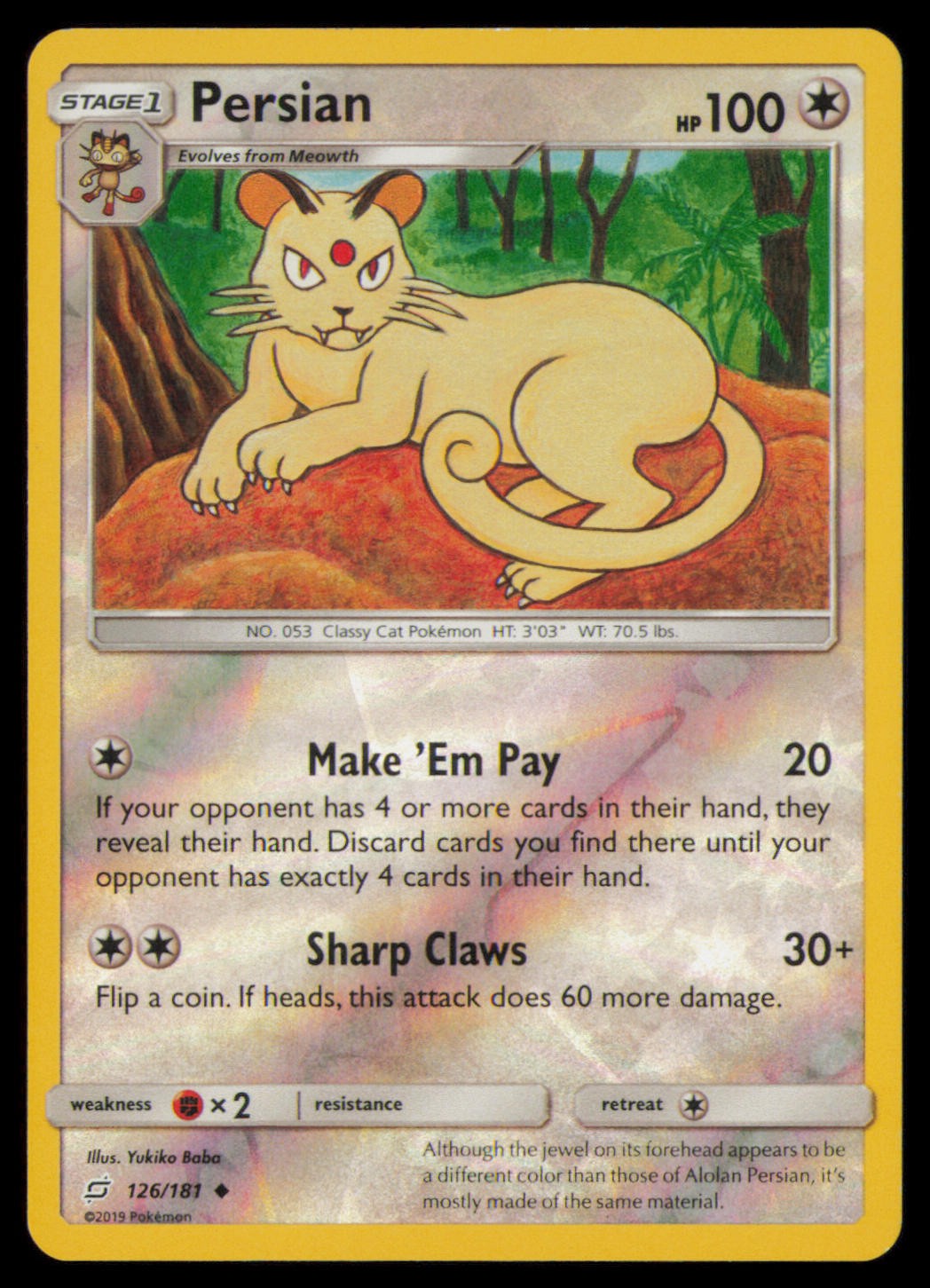 Persian 126/181 Uncommon Team Up Pokemon Reverse Holo Near Mint