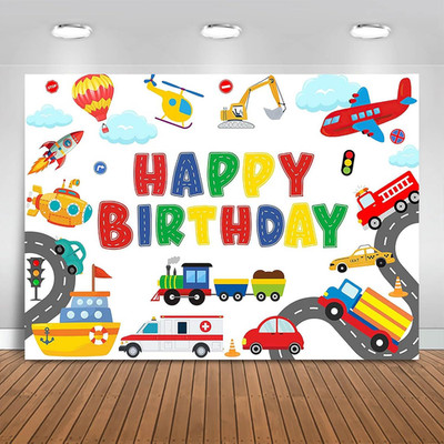 Transportation Birthday Backdrop 10X7Ft Plane Train Car Sailboat Vehicle Birthda
