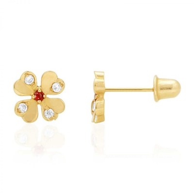 14k Yellow Gold White Zircon & Ruby Flower Shaped Stud Screw Back Earrings