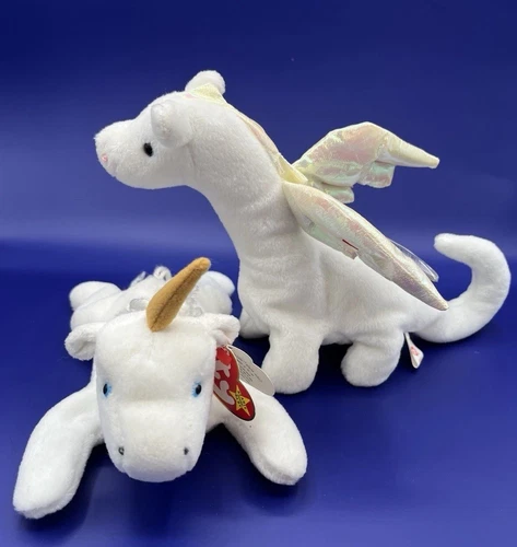 VTG Ty Beanie Baby Bundle Of 2 - Magic White Dragon & Mystic Unicorn 4 Gen HT/TT