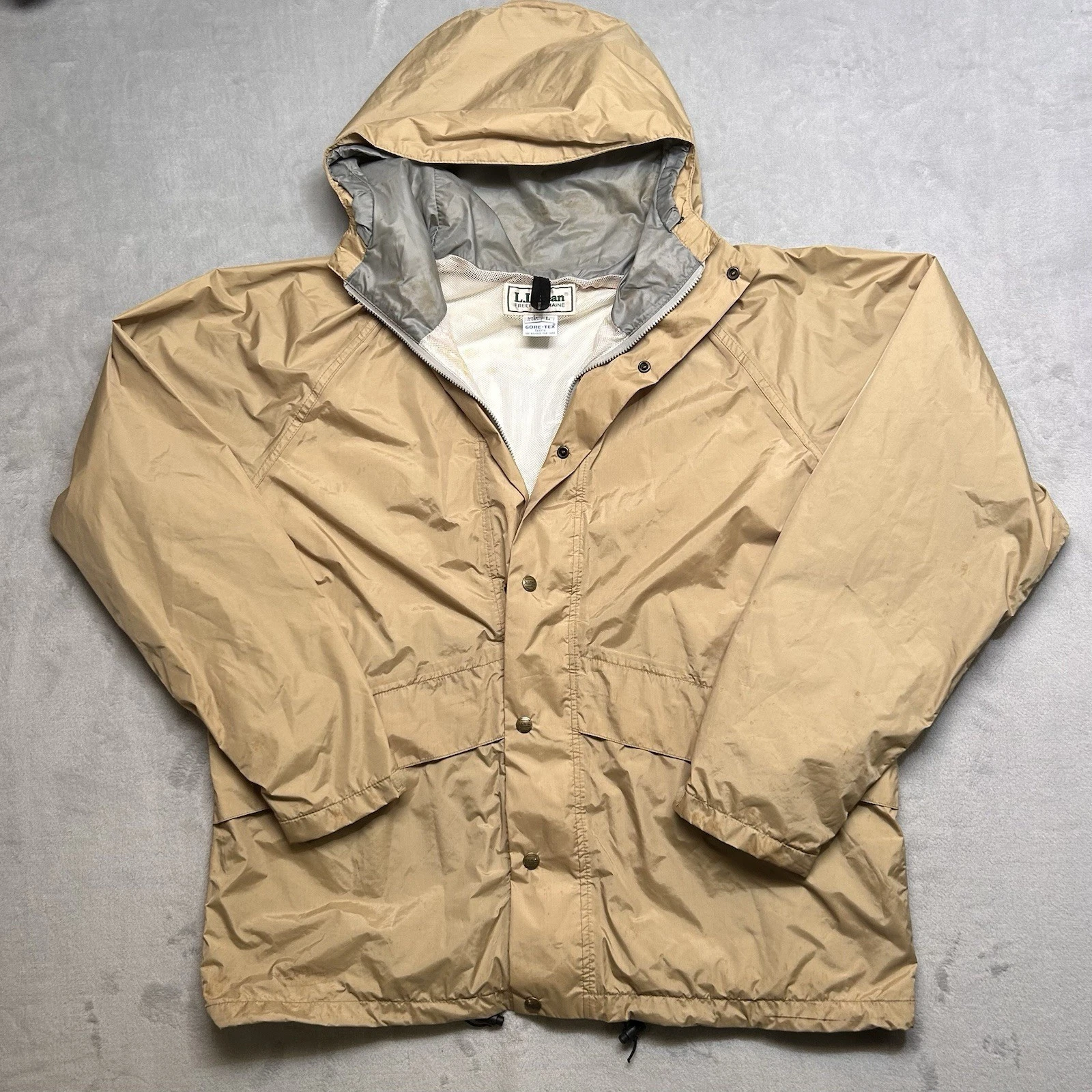 Vtg LL Bean Rain Jacket Mens Large Khaki Gold Waterproof Hooded USA Fishing Hike