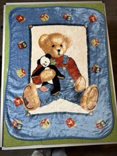 Vtg Blue Jean Teddy Bear Plush Fleece Baby Blanket Throw Panda Blocks SOFT Rare 