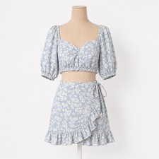 Reformation Floral Set Puff Crop Top Ruffle Mini Skirt 2 Blue Romantic Coquette