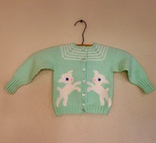 Vintage 70s Hand Knit Lamb Sweater Cardigan Teal White Baby Toddler Size 12mo