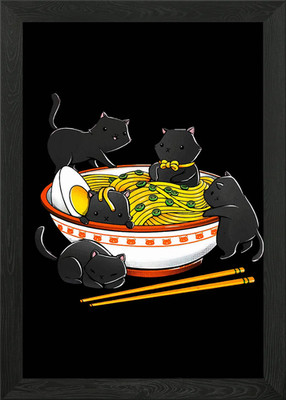 Cats in Ramen Bowl Illustration Framed Wall Art Poster Canvas Print Picture