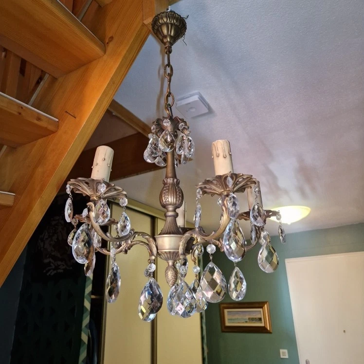 ANCIEN LUSTRE EN BRONZE A PAMPILLES 5 FEUX LUMIERE FRENCH ANTIQUE - Photo 4/4