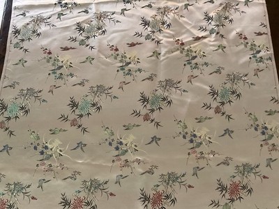 Luscious Large Vintage White Silk Brocade With Birds, Bamboo And Floral Designs