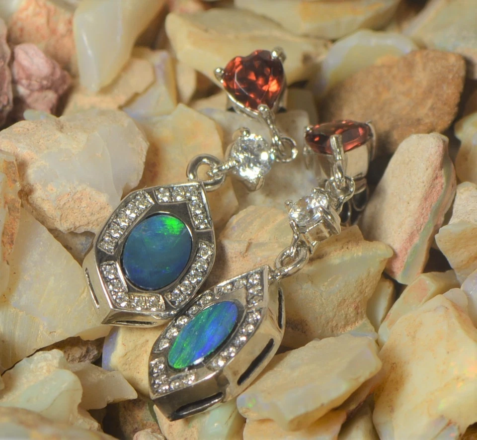 Australian opal earring pair Dangle Garnet Drop Sterling Silver Party Diamond - image 3 of 4