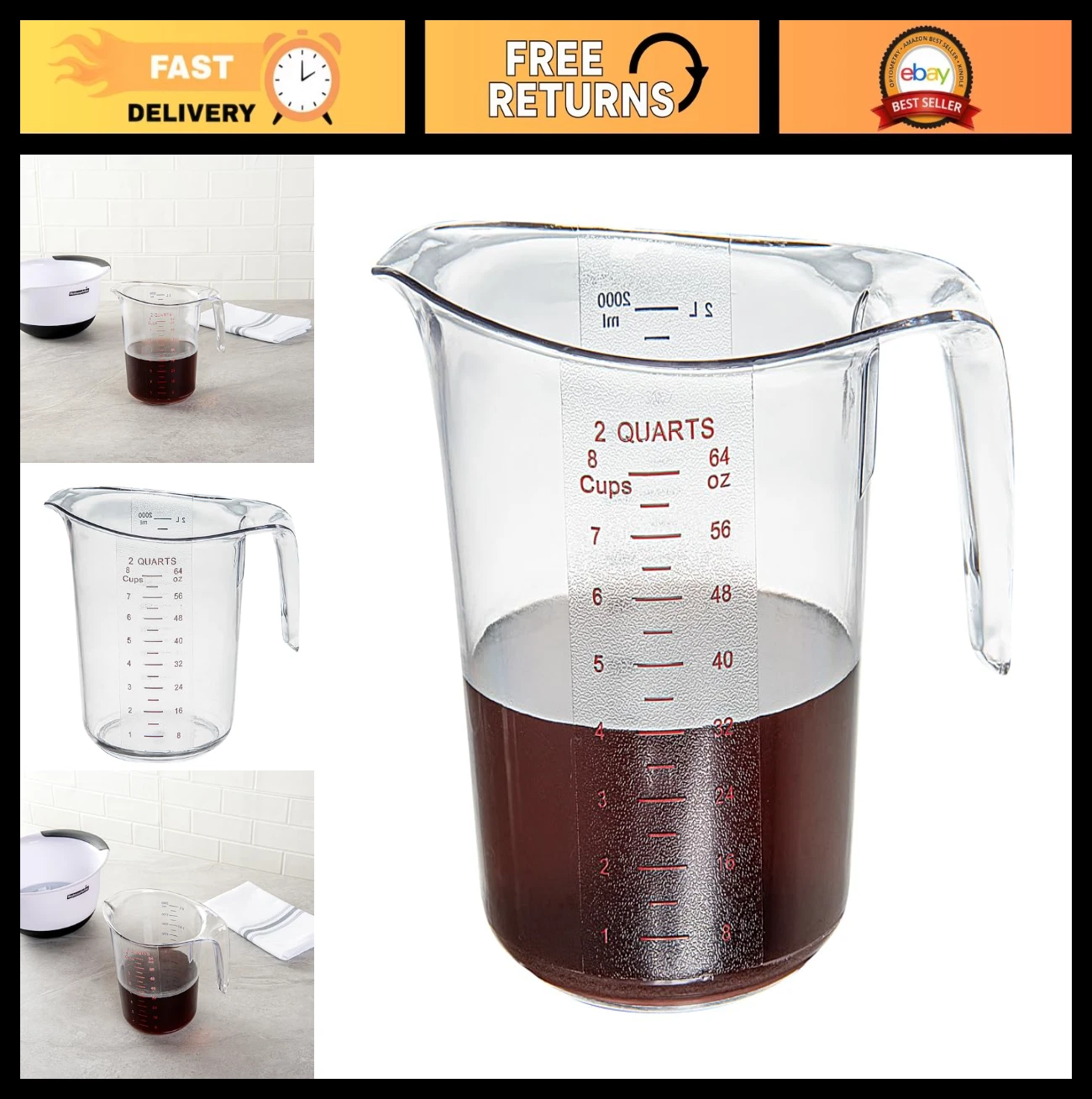2 Quart Measuring Jar - Durable Clear Plastic Beaker, Metric & Imperial, V-Spout