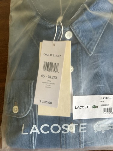 Lacoste Denim Shirt Mens Sz 45 Blue Regular Fit Long Sleeve Button Up Devanlay - Picture 2 of 5
