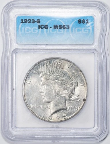 1923-S ICG MS63 Peace Silver Dollar San Francisco Mint Uncirculated BU+