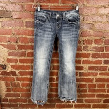 Miss Me Jeans Womens 26 Medium Wash Bootcut Low Rise Fleur-de-Lis Rhinestone