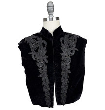 Antique Victorian Black Velvet Mourning Shawl Cape w Jet Beads Appliqu  Fringe