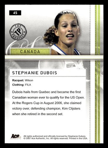 Stephanie Dubois 2007 Ace Authentic Straight Sets #45 ROOKIE RC TENNIS *120 - Picture 2 of 2