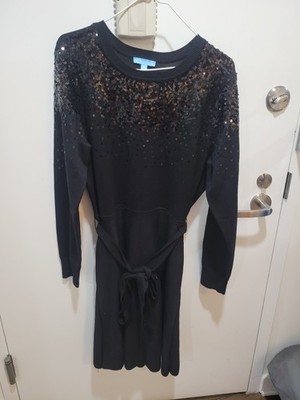 Draper James Black Sequin Sweater Dress XL Belted Knee Length Long Sleeve