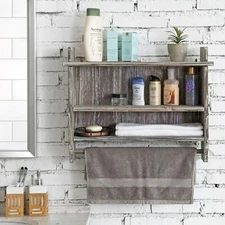 Wall Mounted Torched Wood Bathroom Organizer with 3 Shelves & Hanging Towel Bar