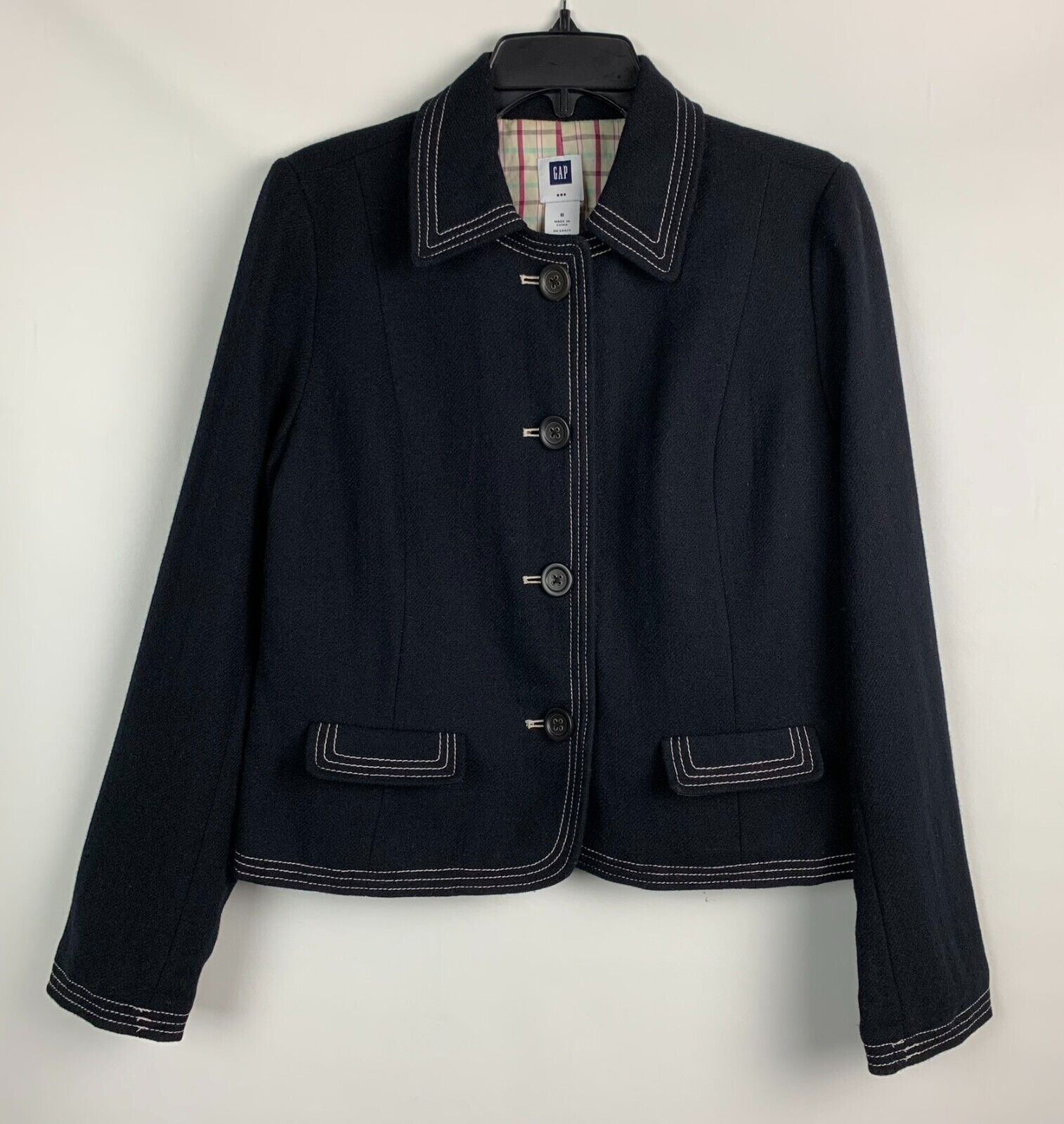 GAP Jacket Black Wool Blend Collared White Stitch… - image 1