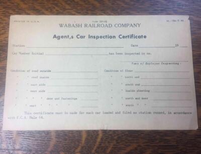 Vintage Wabash Railroad Co. Agent's Car Inspection Certification Blank Ephemera