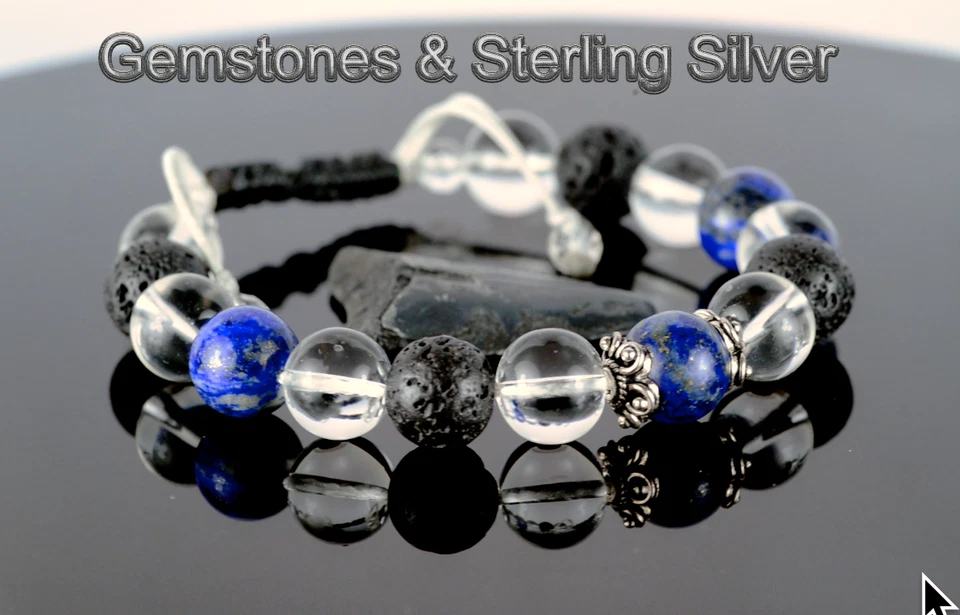 ADJUSTABLE Sterling Silver Lava Quartz Lapis Armband Wristband Bracelet 3B-528 - Image 2 of 4